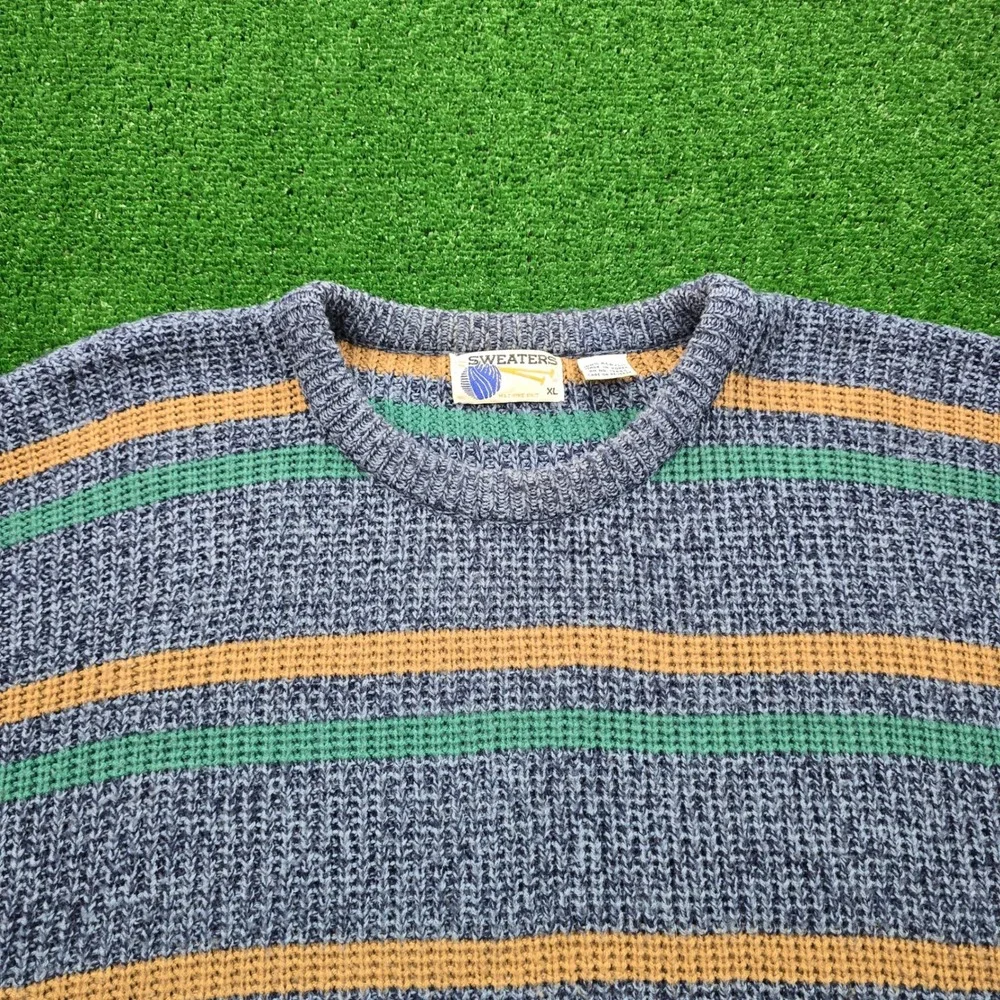 Vintage 90s Sweaters Sweater Mens XL/Large Blue Striped Acrylic‎ Knit Casual - Picture 2 of 6